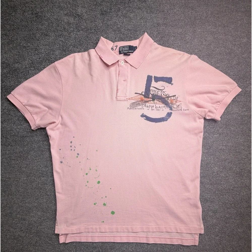 Polo Ralph Lauren Mens L Pink Athletic Canoeing Graphic Paint Splatter Polo